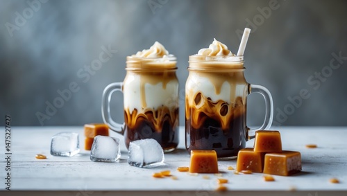 Iced caramel coffee lattes with decorative elements and ice cubes on a white surface.