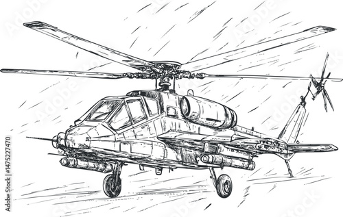 Detailed black and white sketch of a military attack helicopter with visible rotor blades and weaponry