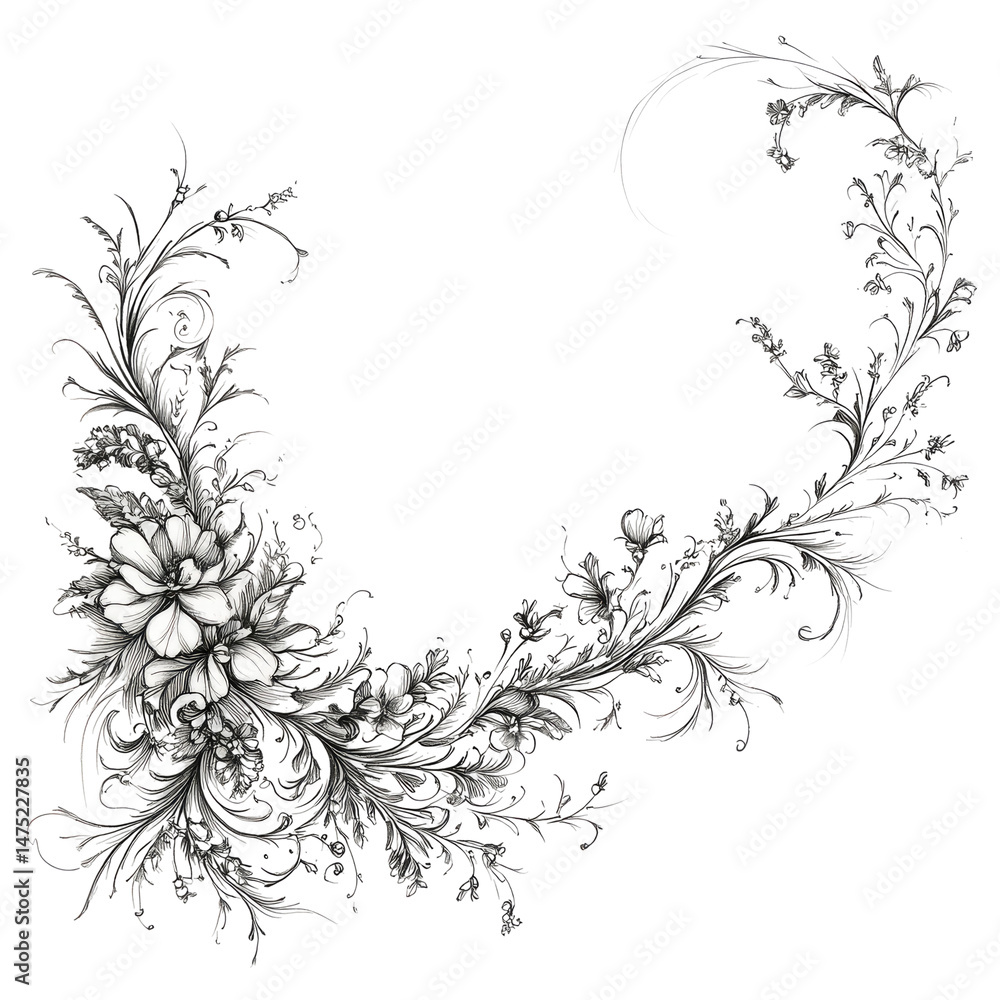Generic floral design with a transparent background features intricate silver details. Depicts leaves flowers and vines in a graceful curved arrangement ideal for decorative use. Generic floral design with a transparent background features intricate silver details. Depicts leaves flowers and vines in a graceful curved arrangement ideal for decorative use.