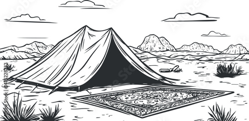 Black and white illustration of a camping tent with a decorative rug set in a desert landscape with mountains and sparse vegetation.