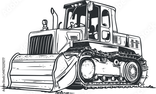 Black and white illustration of a bulldozer heavy construction machine with tracks and front blade for earthmoving work