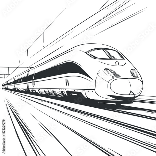 Black and white drawing of a high speed train moving along railway tracks, emphasizing speed and modern transport.