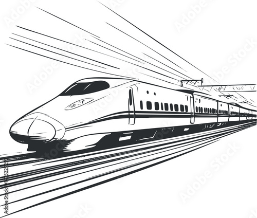 Black and white illustration of a high speed train moving fast on railway tracks with motion lines.