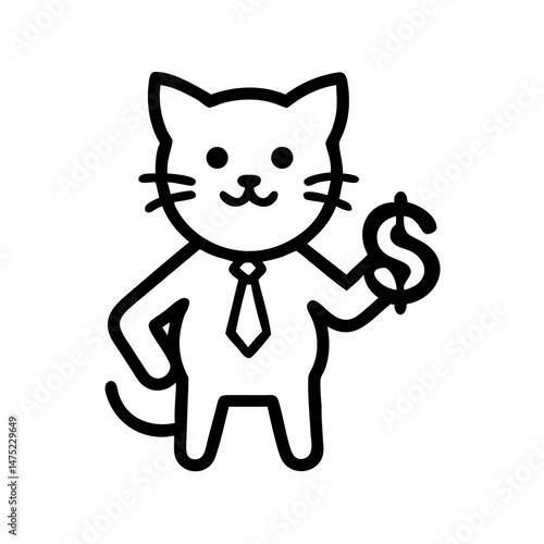 Cartoon cat in a suit holding a dollar sign against a white background  