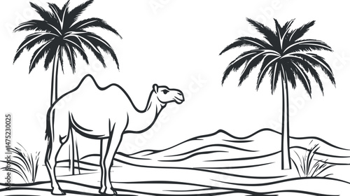 Black and white illustration of a camel standing in a desert landscape with palm trees and sand dunes in the background.