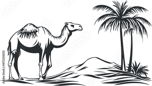 Black and white illustration of a camel standing in the desert near palm trees and sand dunes