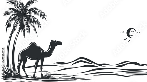 Black and white silhouette of a camel standing near palm trees in a desert landscape with dunes and a moon in the sky