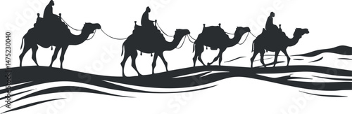 Silhouette of a camel caravan with riders walking across desert dunes on a clear day