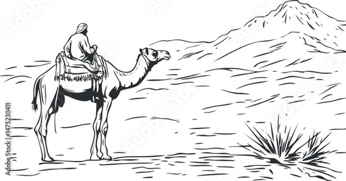 Black and white illustration of a person riding a camel in a desert landscape with mountains and sparse vegetation
