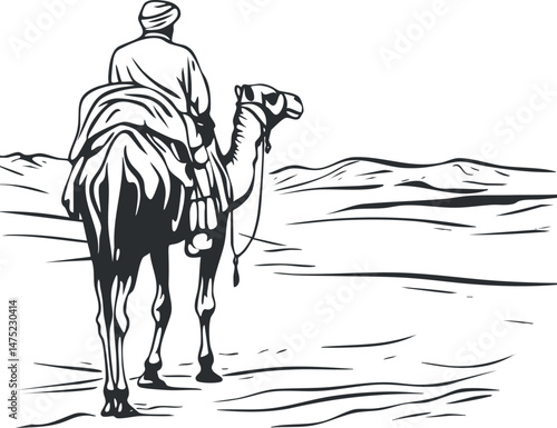Black and white illustration of a man riding a camel in a vast desert landscape with sand dunes
