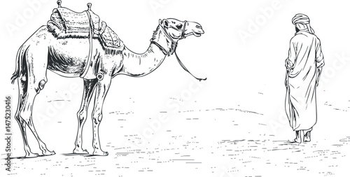 Black and white illustration of a man in traditional clothing leading a camel across a desert landscape