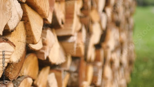 Close-up of neatly stacked firewood outdoors with a focus pull shifting perspective. Natural lighting and soft depth of field create a peaceful rustic atmosphere.