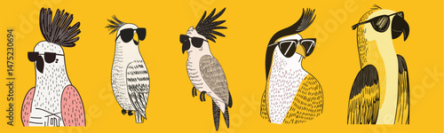 illustration set of cool summer parrots wearing sunglasses