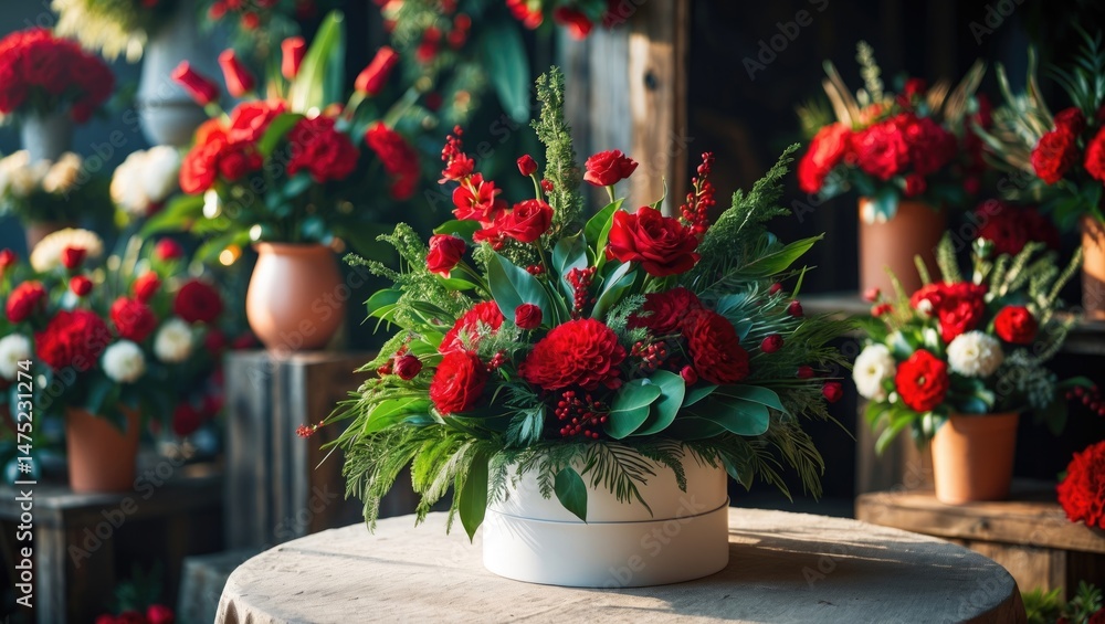 Fototapeta premium Tabletop festive floral arrangement with blooms and greenery in a box