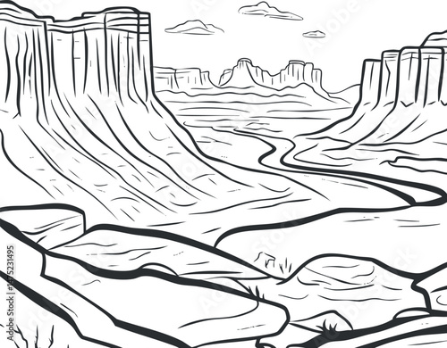 Black and white line art of a canyon landscape with cliffs, a winding river, and clouds in the sky.