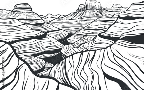 Black and white line art illustration of a canyon landscape with layered rock formations and valleys