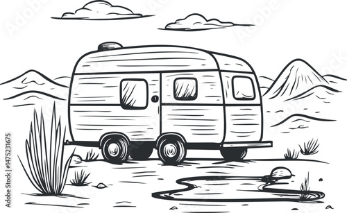 Black and white sketch of a caravan trailer parked in a desert landscape with mountains and clouds in the background.