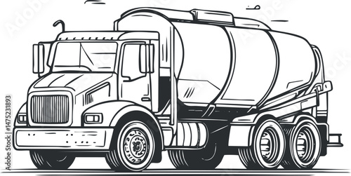 Black and white illustration of a cement mixer truck used for transporting and mixing concrete on construction sites.