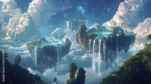 Ethereal floating islands glowing in starlight high resolution picture