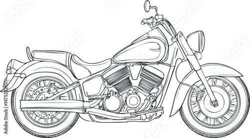 Black and white line drawing of a classic cruiser motorcycle showing detailed engine and wheels