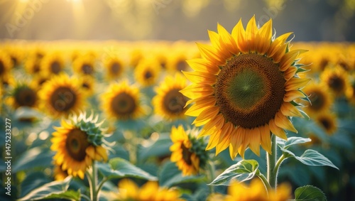 Bright sunflower scene with a blurred sunny nature background, emphasizing summer farming, organic produce, and harvest of oilseed crops