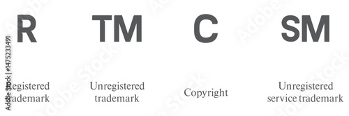 Set of copyright and registered logo set. Service mark and trademark right. Vector illustration