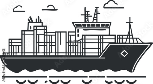 Black and white vector illustration of a cargo container ship carrying freight containers on the sea with clouds in the sky
