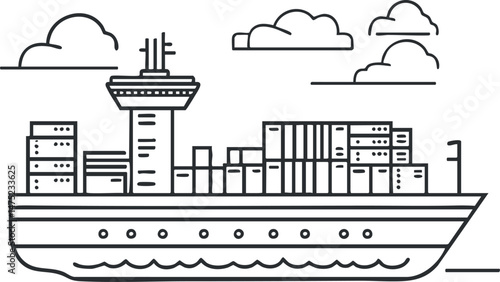 Black and white line drawing of a cargo container ship carrying multiple containers on the sea with clouds above