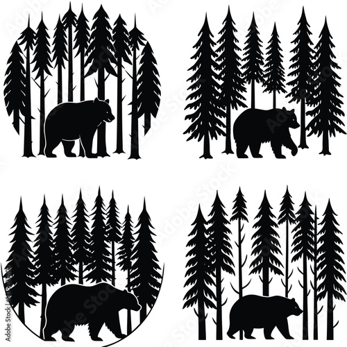 Bear Silhouette In Pine Forest Black And White Vector Graphic Design