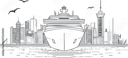 Black and white line art of a cruise ship approaching a modern city skyline with seagulls flying overhead