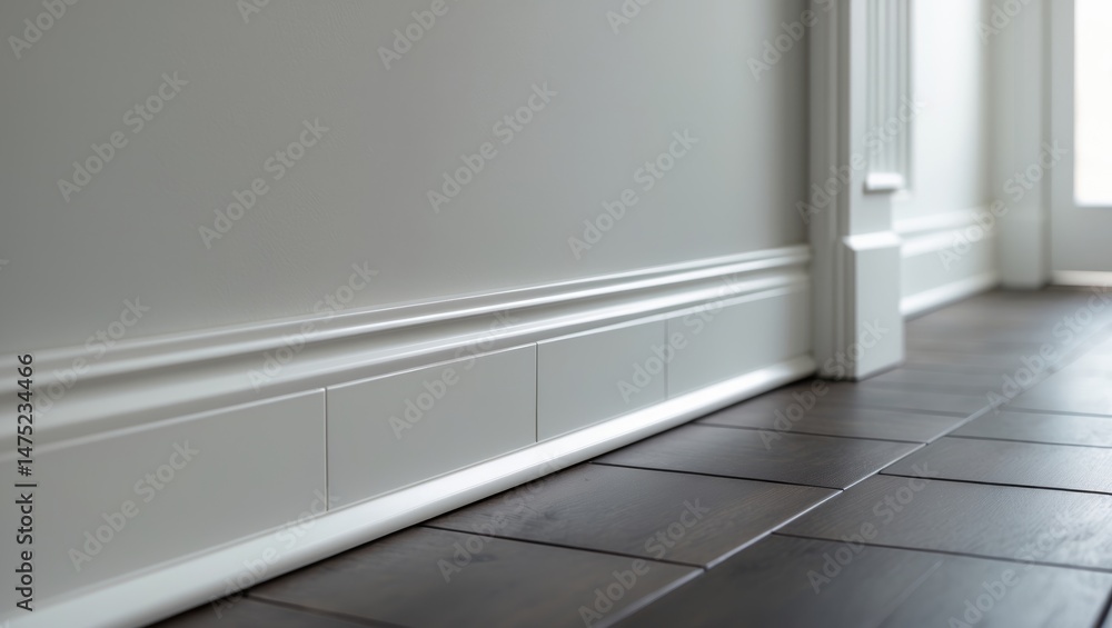Fototapeta premium Interior design featuring matte wall, white baseboard, and tile flooring