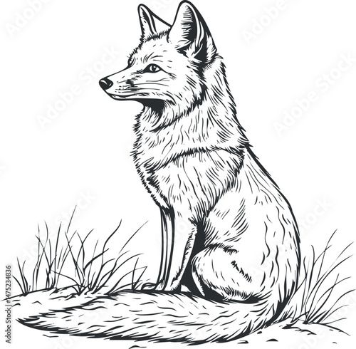 Black and white detailed illustration of a sitting fox in natural habitat with grass and fur texture