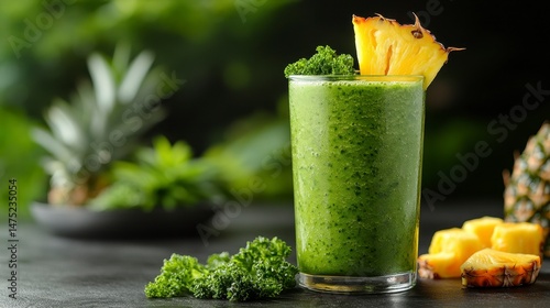 Refreshing green smoothie with pineapple garnish, blending fruits and vegetables for a vibrant, healthy drink