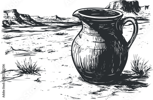 Black and white illustration of a pottery jug placed on a dry desert landscape with rocky formations and sparse vegetation