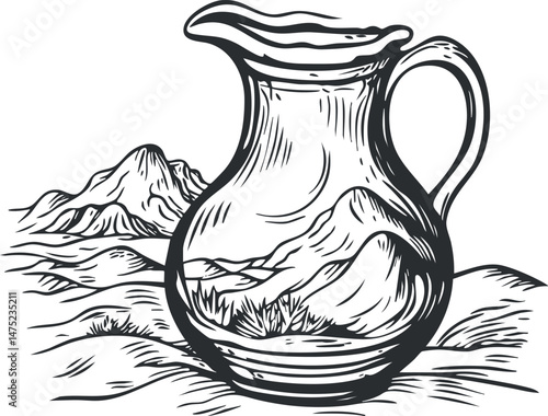 Black and white hand drawn illustration of a mountain landscape reflected inside a glass jug pitcher with handle