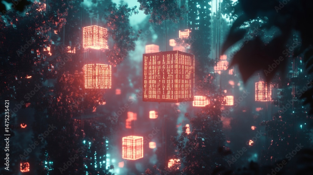 Naklejka premium Illuminated floating cubes in a digital forest enigmatic scene surreal atmosphere photography fantasy concept