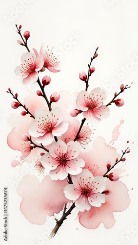 Delicate cherry blossom flowers in full bloom on white background. Delicate watercolor of blooming cherry blossoms on branches, evoking themes of springtime, renewal, and gentle beauty