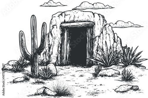 Black and white illustration of a desert cave entrance surrounded by cactus plants and rocks under a partly cloudy sky.