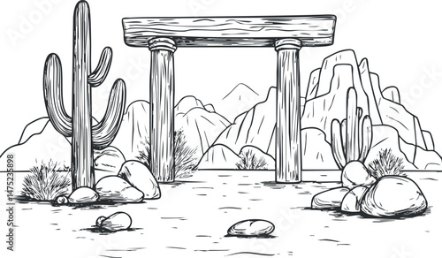 Black and white sketch of a desert landscape with cacti, rocks, mountains, and an ancient wooden archway