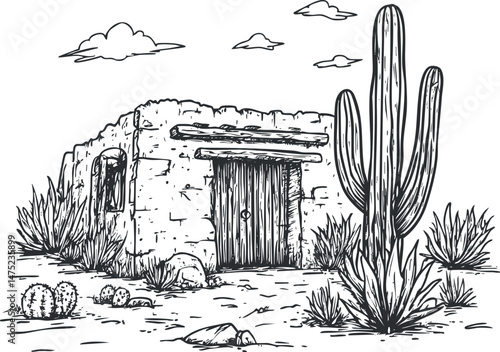 Black and white sketch of an adobe hut surrounded by desert plants and tall cactus under a cloudy sky