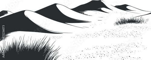 Black and white illustration of desert dunes with sparse grass and textured sand landscape