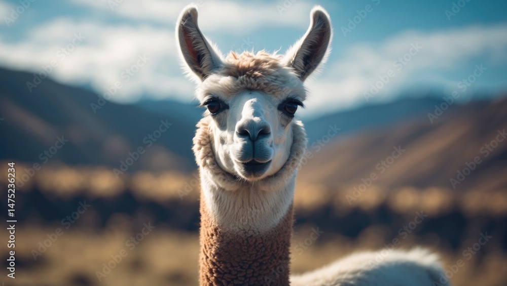 Obraz premium Isolated shot of a white and brown llama showing detailed facial features against mountain backdrop