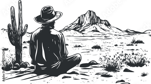 Black and white illustration of a cowboy sitting in desert landscape facing mountain with cactus and shrubbery