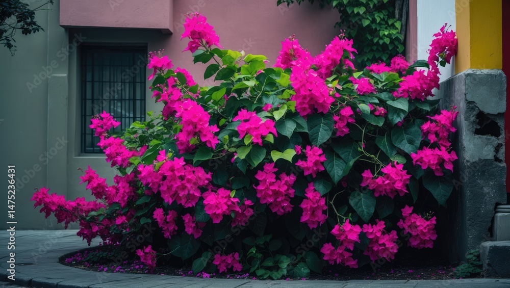 Fototapeta premium Climbing plant bougainvillea adorned with pink flowers. Ivy and Bridal Veil flourish with pink flowers on the streets.