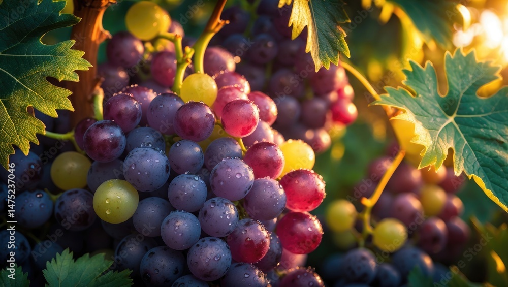 Obraz premium Macro image of grape clusters on the vine during harvest season with vibrant colors