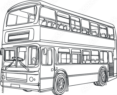 Outline drawing of a double decker bus showing front and side views with visible seats and windows