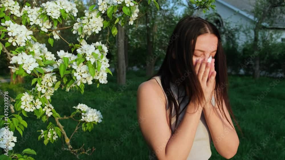 Woman with Hay Fever Blowing Nose in Nature. Spring Allergy Symptoms. Sneezing and Runny Nose. Allergic Reaction to Pollen. Sick Female Using White Napkins. Seasonal Allergy Woman with Hay Fever Blowing Nose in Nature. Spring Allergy Symptoms. Sneezing and Runny Nose. Allergic Reaction to Pollen. Sick Female Using White Napkins. Seasonal Allergy
