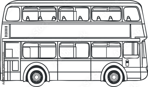 Black and white line drawing of a double decker bus side view for transportation and travel concept