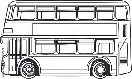 Black and white outline illustration of a double decker bus side view for transportation and travel concepts.
