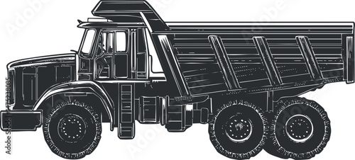 Black and white illustration of a dump truck used for construction and heavy load transportation tasks